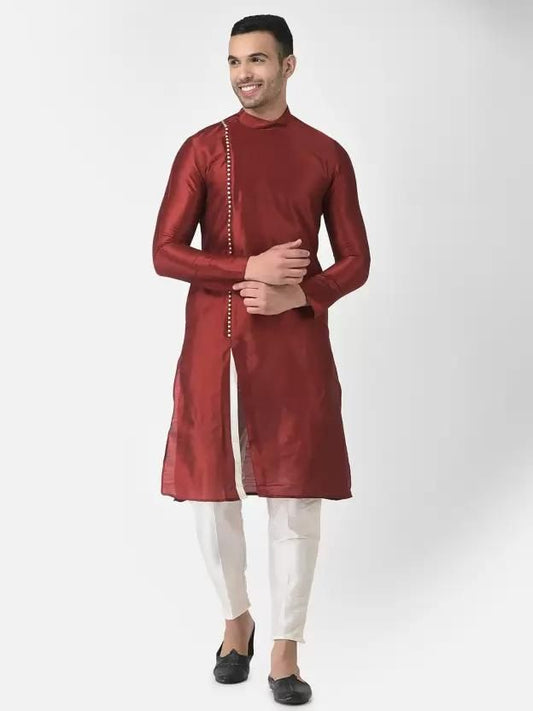 AHBABI Men's Solid Slit Style Dupion Silk Kurta Pyjama Set Red-White