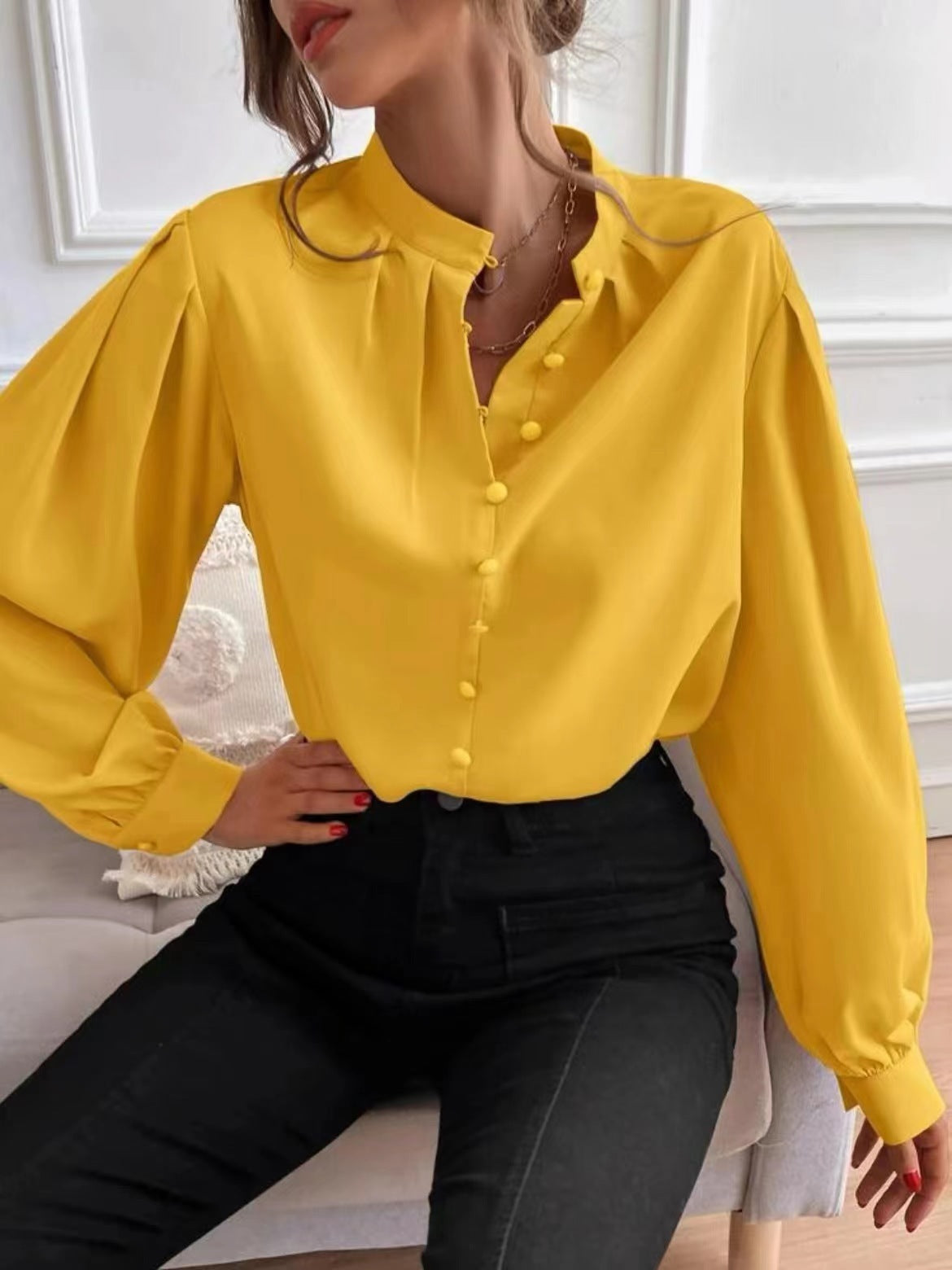 Commute Style Solid Color Round Neck Long Sleeve Single-breasted Women's Shirt