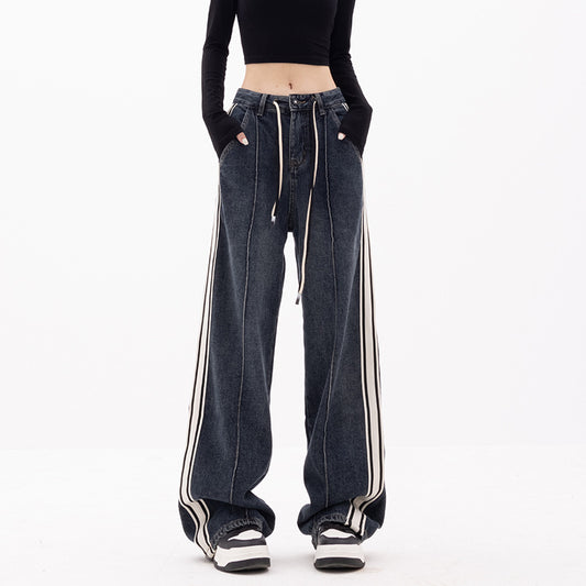 Women's Straight Striped Loose Wide-leg Jeans