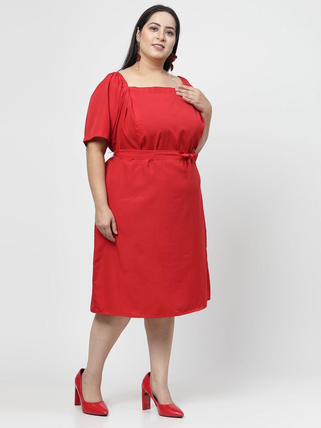 Flambeur Plus Size Red Solid Flared Short Dress for Women