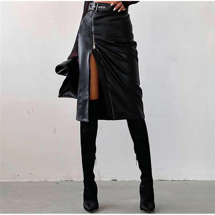 European And American Hip Split Leather Skirt