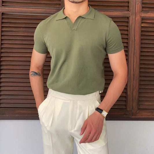 Men's Lapel Knitted Short-sleeved Slim T-shirt