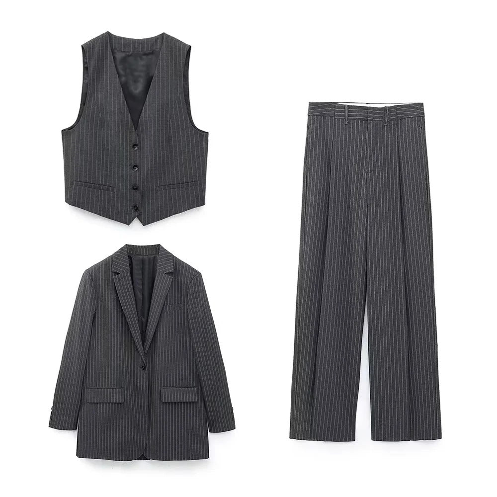 European Style Plus Size Women's Spring Pinstripe Vest Straight Cut Long Shirt Trouser Suit