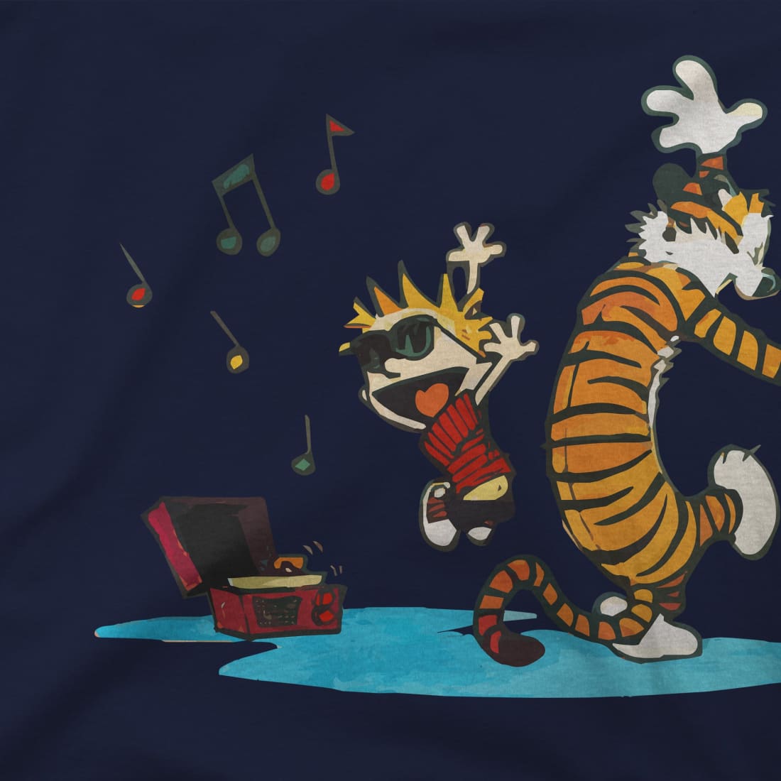 Calvin and Hobbes Dancing With Record Player T-Shirt