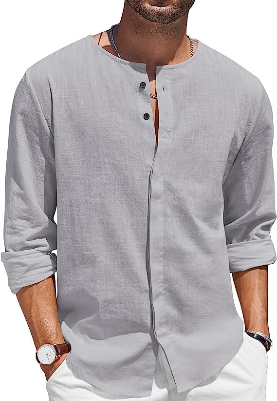 Men's Cotton Linen T-shirt Collar Decorated With Buttons Casual Beach Shirt