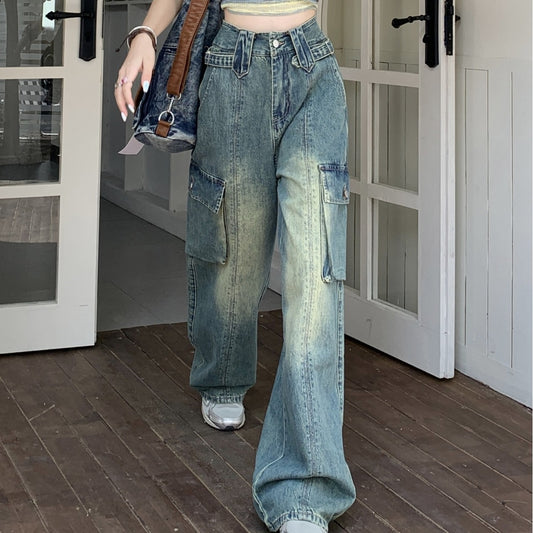 Slim Fit Loose High Waist Slimming Wide Leg American Retro Workwear Straight Jeans For Women