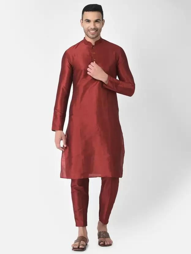 AHBABI Men's Solid Dupion Silk Kurta Pyjama Set Red