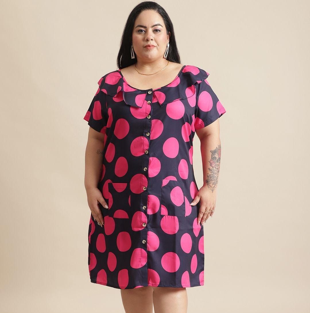 Flambeur Plus Size Polka Dot Shirt Style Short Dress for Women