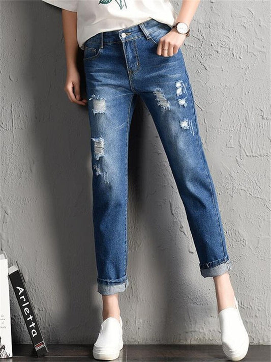 2022 New Women Fashion Mid Waist Boyfriend Big Ripped Hole Jeans Casual High Street Denim Pants Sexy Vintage Pencil Calc