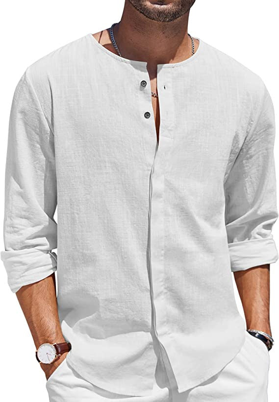 Men's Cotton Linen T-shirt Collar Decorated With Buttons Casual Beach Shirt