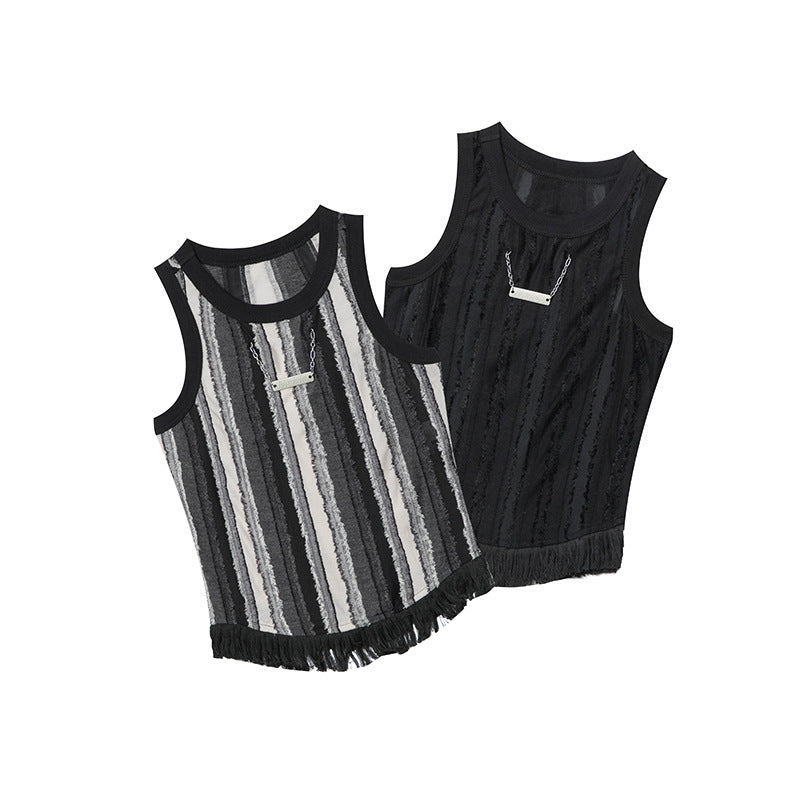 Color Matching Vertical Wide Striped Fringed Hem Round Neck Sleeveless Women's Casual Vest