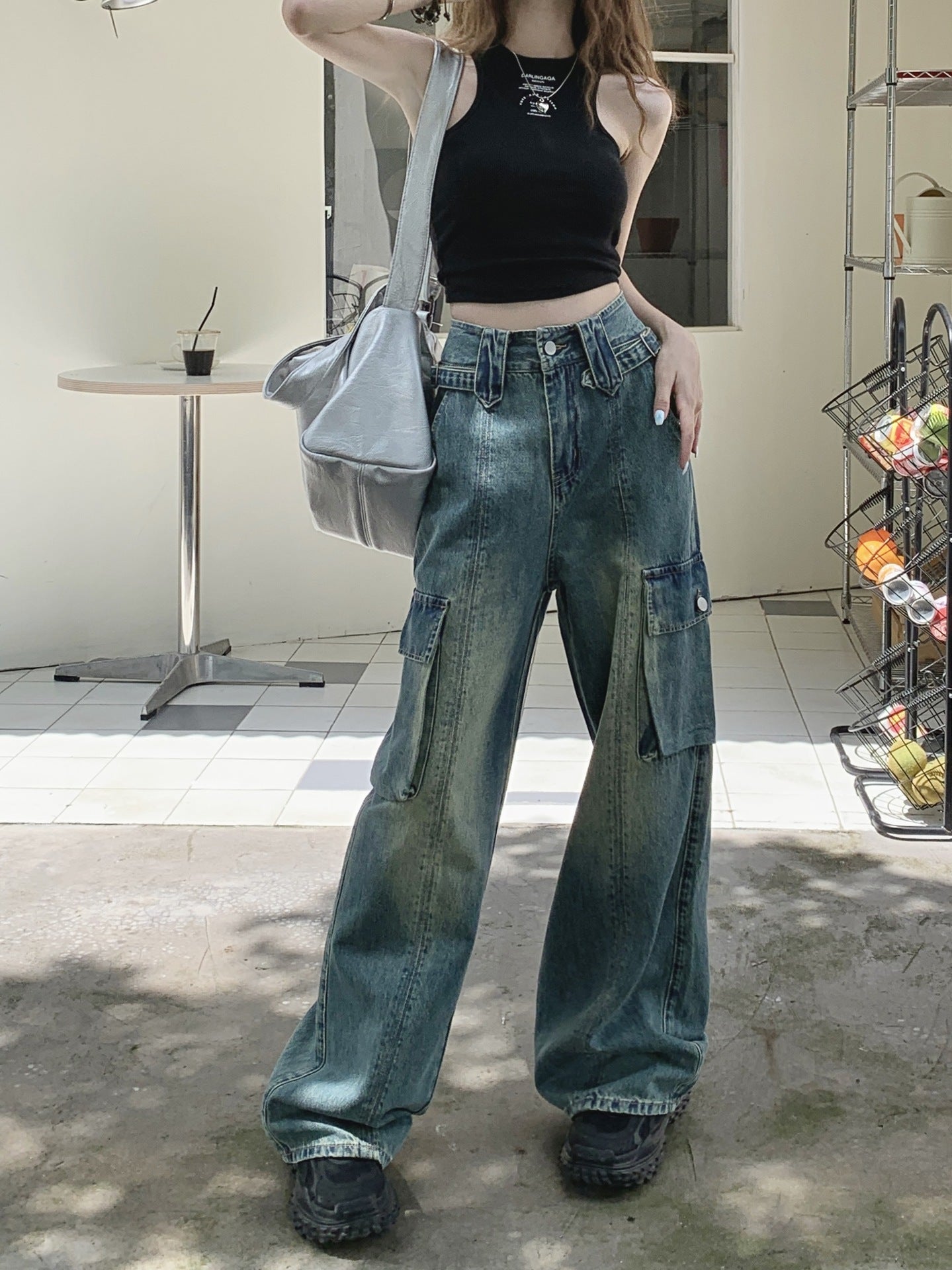 Slim Fit Loose High Waist Slimming Wide Leg American Retro Workwear Straight Jeans For Women