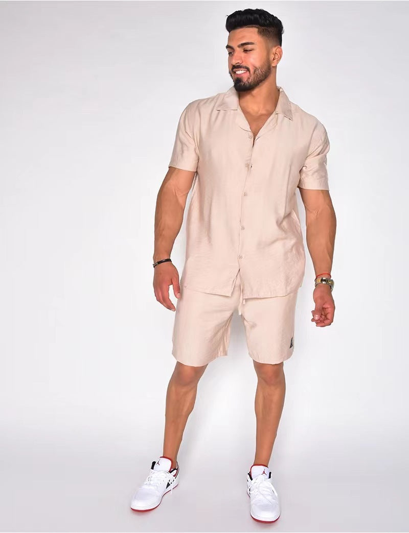 Men's Summer Lapels Cotton Linen Solid Color Short Sleeve Shorts Suit