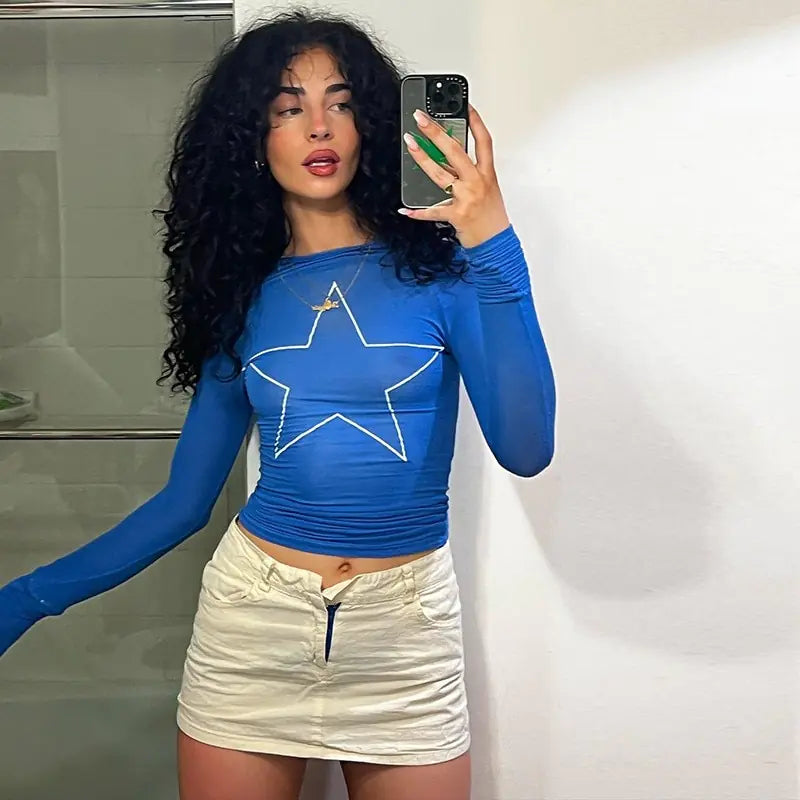 New Blue Star Print Graphic Long Sleeve Women's T-shirt