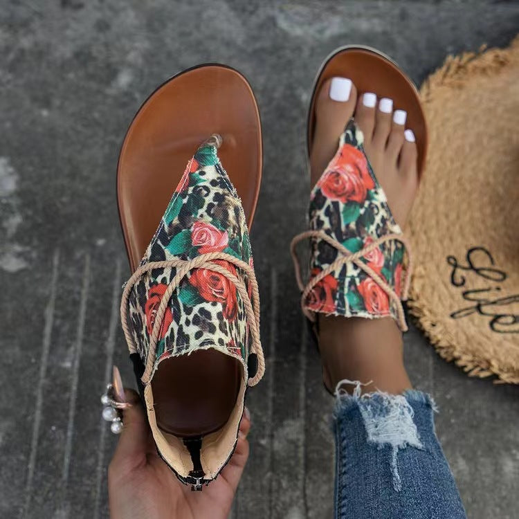 Women's Flip-toe Printed Flat Sandals With Back Zipper