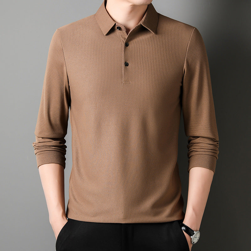 Men's Solid Color Long Sleeve Waffle Polo Shirt Top