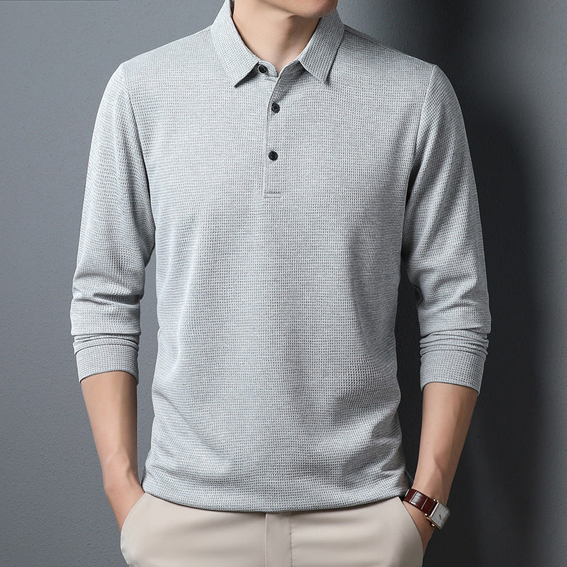 Men's Solid Color Long Sleeve Waffle Polo Shirt Top