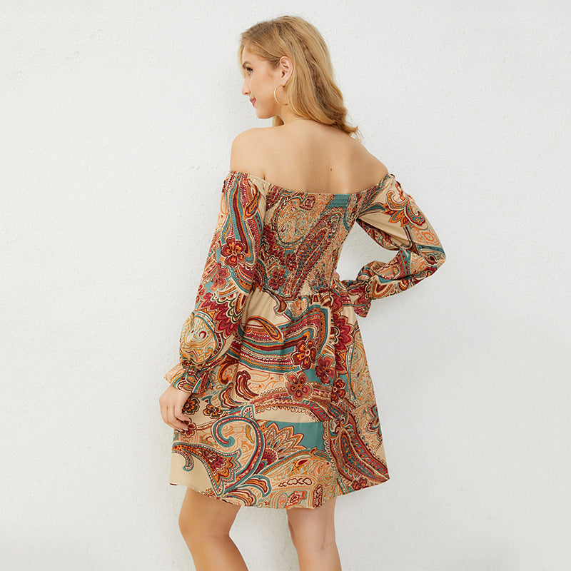 European And American Off-shoulder Printing Dress Women