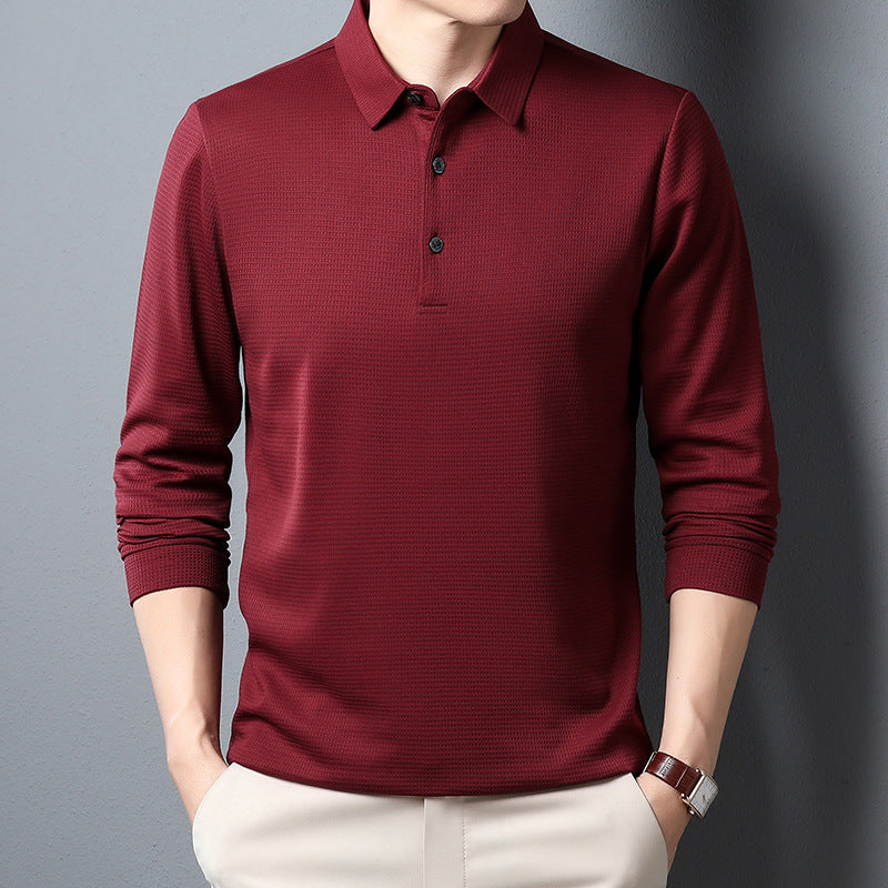 Men's Solid Color Long Sleeve Waffle Polo Shirt Top