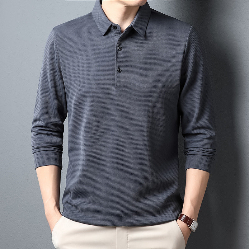 Men's Solid Color Long Sleeve Waffle Polo Shirt Top