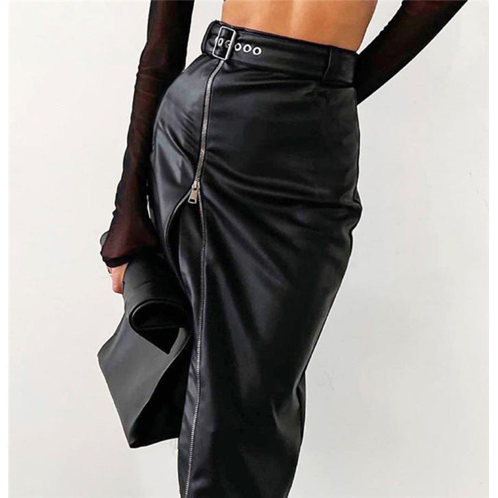 European And American Hip Split Leather Skirt