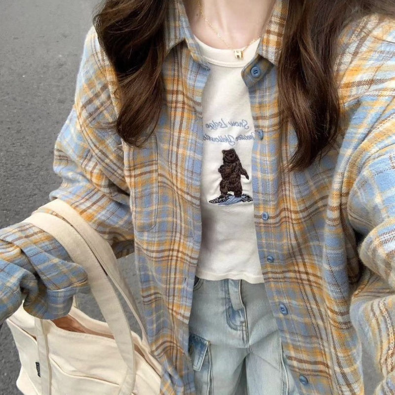 Dopamine Sweet Milky Yellow Plaid Shirt For Women