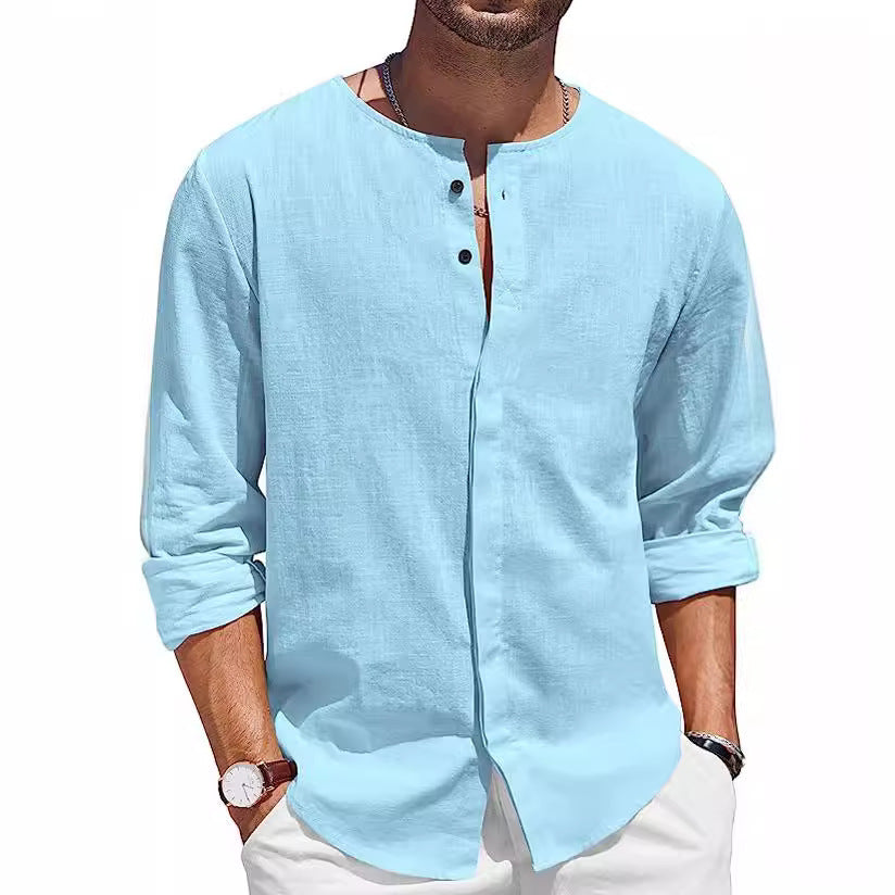 Men's Cotton Linen T-shirt Collar Decorated With Buttons Casual Beach Shirt