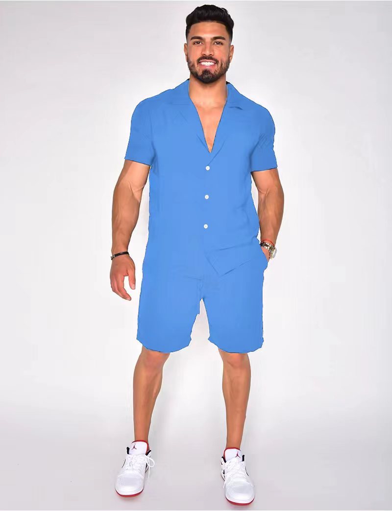 Men's Summer Lapels Cotton Linen Solid Color Short Sleeve Shorts Suit