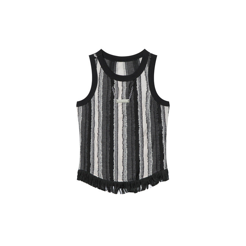 Color Matching Vertical Wide Striped Fringed Hem Round Neck Sleeveless Women's Casual Vest